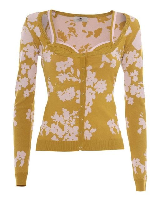 Elisabetta Franchi Yellow Knitted Top With Floral Pattern