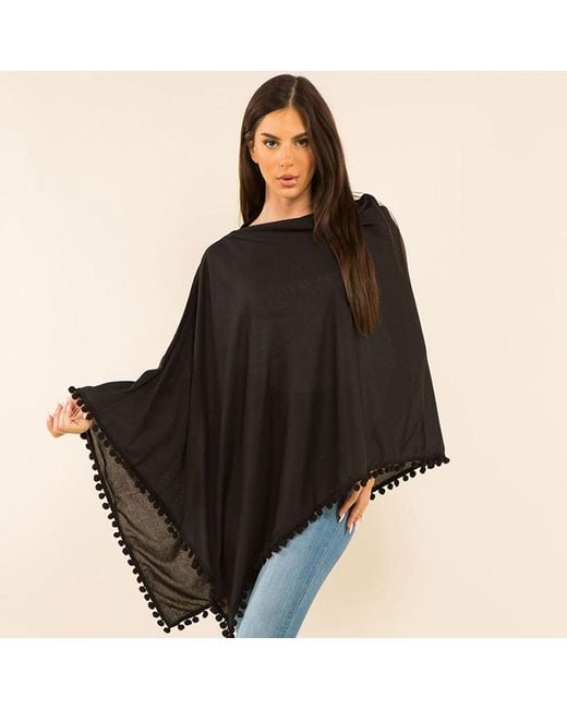 TRUEDAMES Black Pom Pom Trim Solid Asymmetrical Poncho