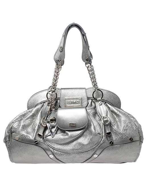 Versace Gray Silver Leather Chain Link Satchel