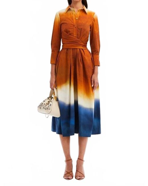 Oscar de la Renta Women's Blue Long Sleeve Wrap Detail Abstract Ombre  Poplin Dress