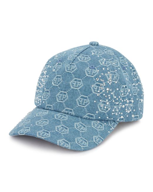Philipp Plein Blue Denim Baseball Cap Monogram Strass for men