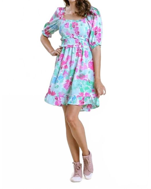 Umgee Blue Ruffle & Smocked Floral Dress