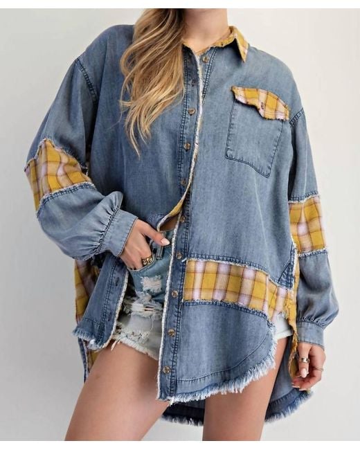 Easel Blue Plaid Chambray Button Down Shirt