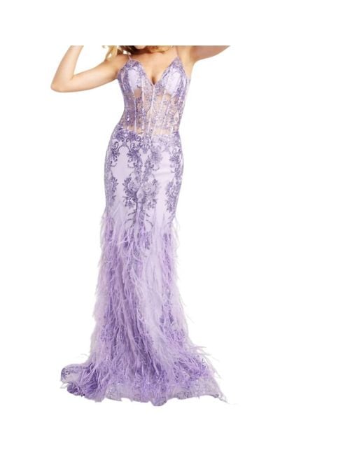 Jovani Purple Corset Bodice Feather Skirt Dress