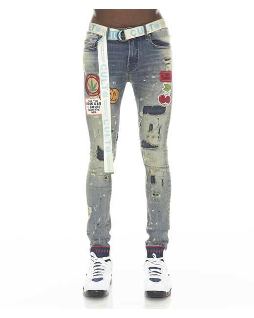 Cult Of Individuality Blue Punk Super Skinny Stretch W/beet Red Belt In Primo for men