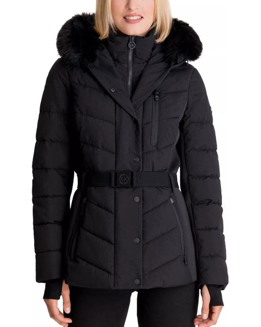 MICHAEL Michael Kors Black Faux Fur Belted Scuba Coat