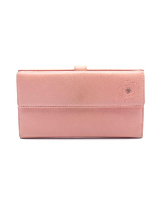 Chanel Pink Butterfly Camellia Bi-fold Long Wallet Leather Silver Hardware