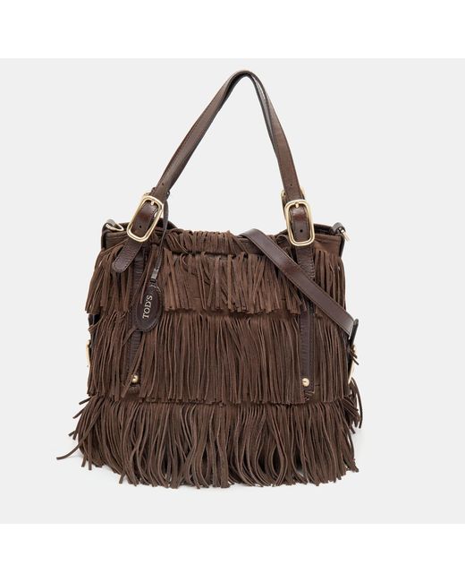 Tod's Brown Suede And Leather G-line Frange Media Tote