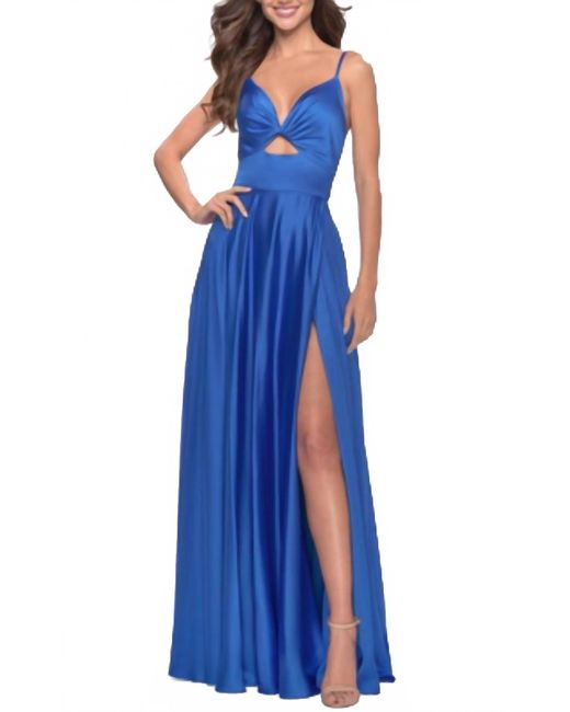 La Femme Blue Satin A-Line Prom Gown