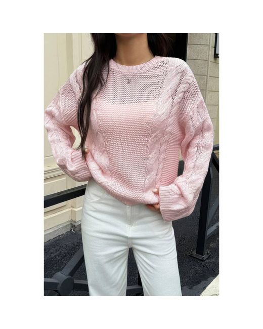 TRUEDAMES Pink Solid Round Neck Cable Knit Pullover Sweater
