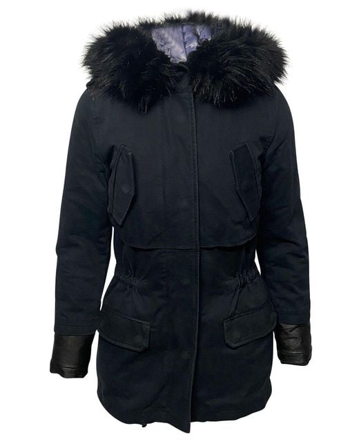 Maje Blue Long Down Jacket With Fur Trim Hoodie