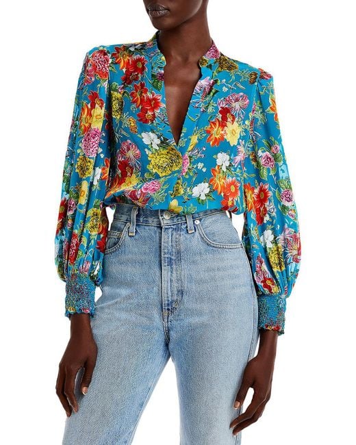 Alice + Olivia Sheila Sheer Floral Blouse in Blue | Lyst