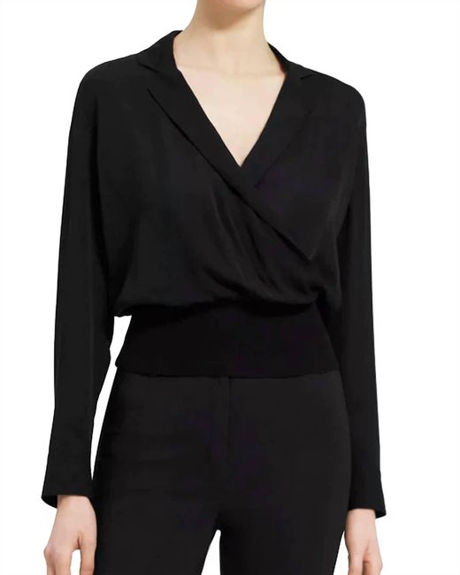 Theory Long Sleeve Collared Silk Top in Black | Lyst