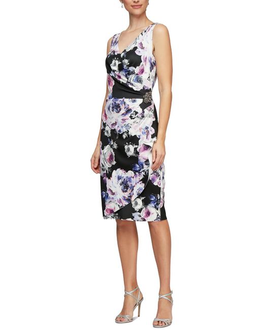 Alex Evenings Blue Floral Print Jersey Cocktail And Party Dress