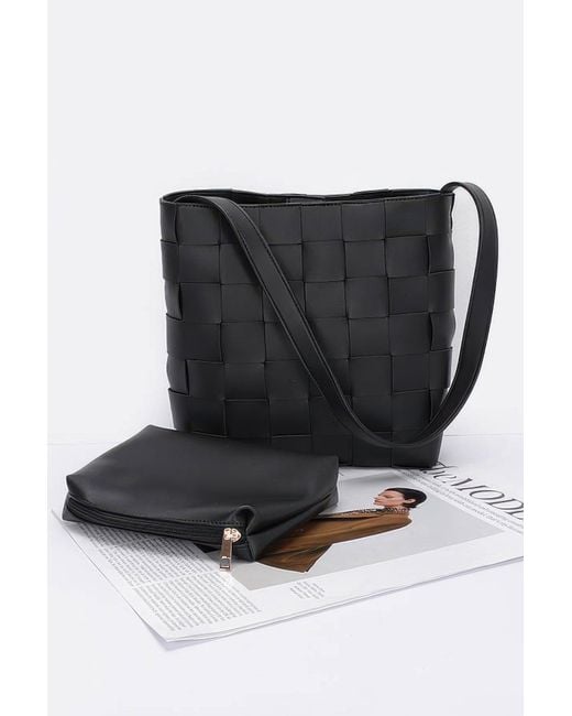 Fashnzfab Black Faux Leather Braided Shoulder Bag W Pouch