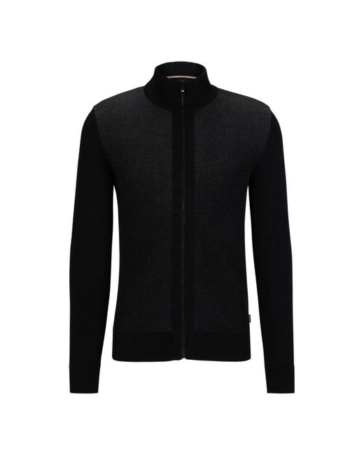 BOSS by HUGO BOSS Zip-up Cardigan With Mixed Structures in Black for Men |  Lyst