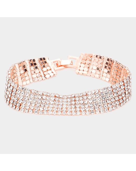 Fashnzfab Pink 6Rows Rhinestone Evening Bracelet Clear, Rose