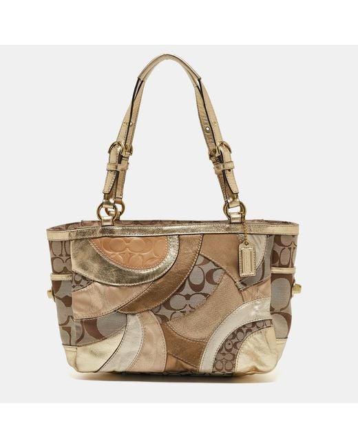 COACH Metallic /beige Signature Canvas Leather And Suede Patchwork Tote