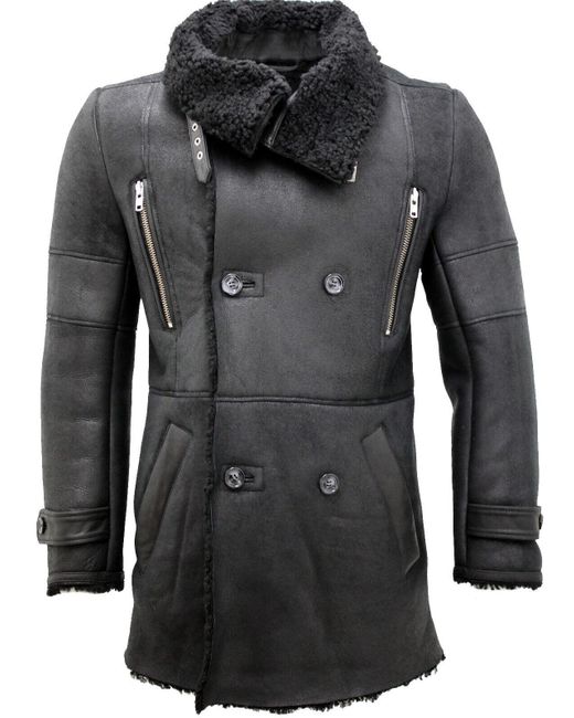 Infinity Leather Black Double Breasted Sheepskin Reefer Coat-Candon for men