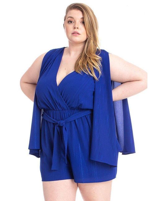 TRUEDAMES Blue Shimmer Fabric Draped Open Sleeve Romper