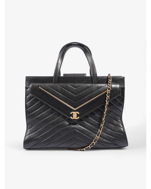 Chanel Black Chevron Quilted Tote Lambskin Leather Tote Bag