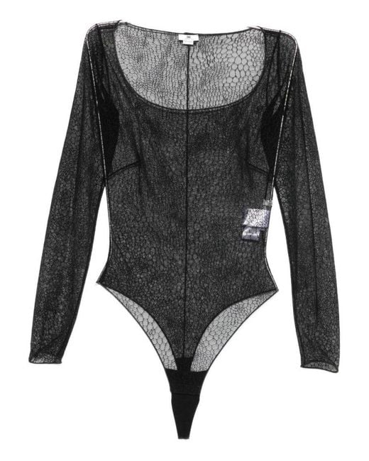 Elisabetta Franchi Black Sheer Bodysuit With Subtle Hexagonal Mesh