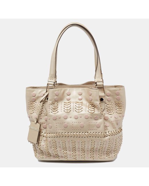 Tod's Metallic Beige Leather Studded Flower Tote in Natural | Lyst