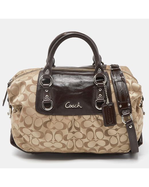 COACH Metallic /brown Signature Fabric And Patent Leather Ashley Bag