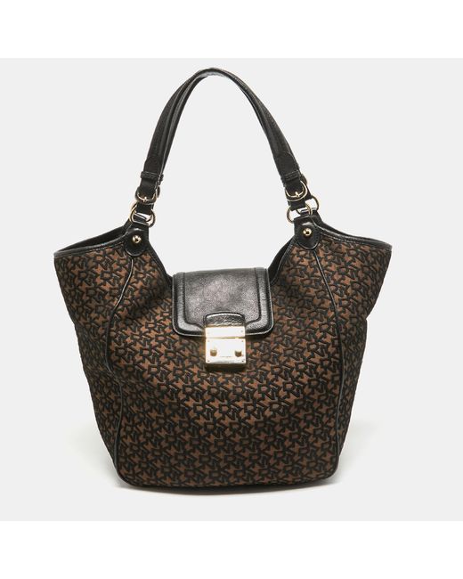 DKNY Black Monogram Jacquard Fabric And Leather Tote