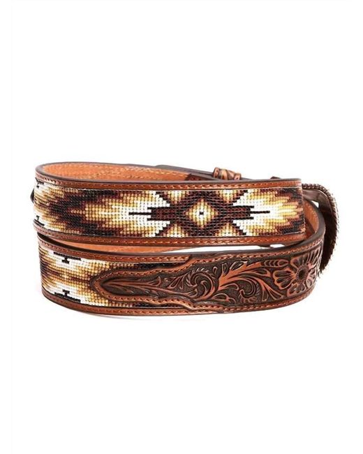 Nocona Belt Co Brown Aztec Beaded-Stitch Leather Belt for men