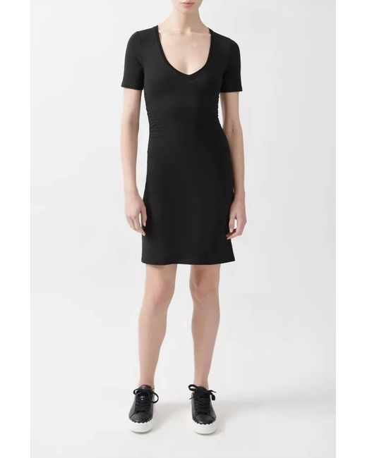 ATM Black Short Sleeve V-neck Side Ruched Dress
