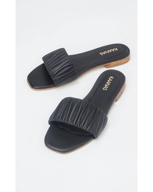 Kaanas Black Pekan Ruched Leather Slide Sandal