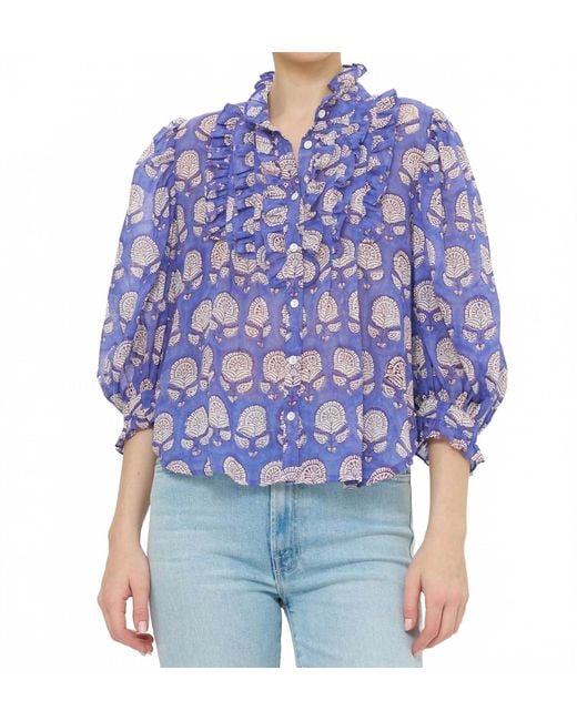 Oliphant Blue Ruffle Front Button Blouse