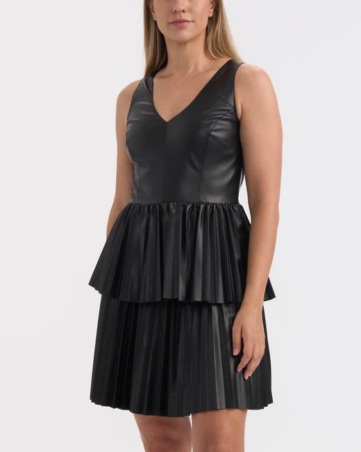 Ellen Tracy Black Tiered Pleated Faux Leather Dress