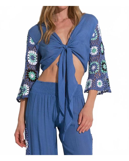 Elan Blue Palma Crochet Tie Top