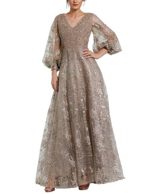 Mac Duggal Brown Embellished Plunge Neck Puff Sleeve A-line Gown