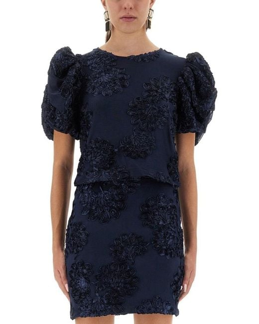 ROTATE BIRGER CHRISTENSEN Blue Textured 3D Mesh Top With Puff Sleeves