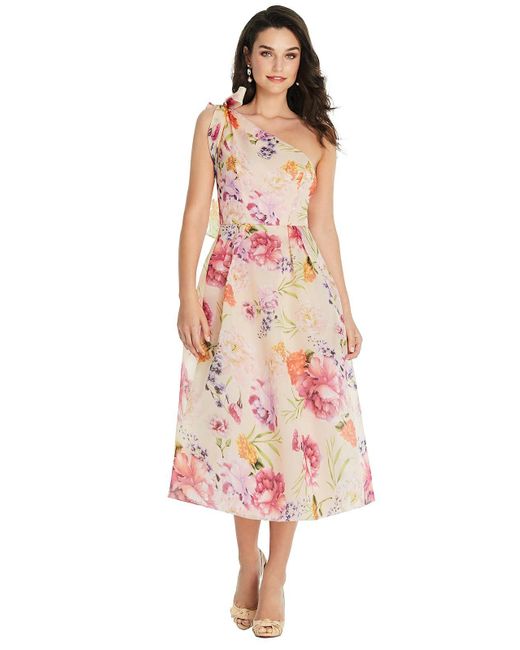 Alfred Sung Scarf-tie One-shoulder Pink Floral Organdy Midi Dress