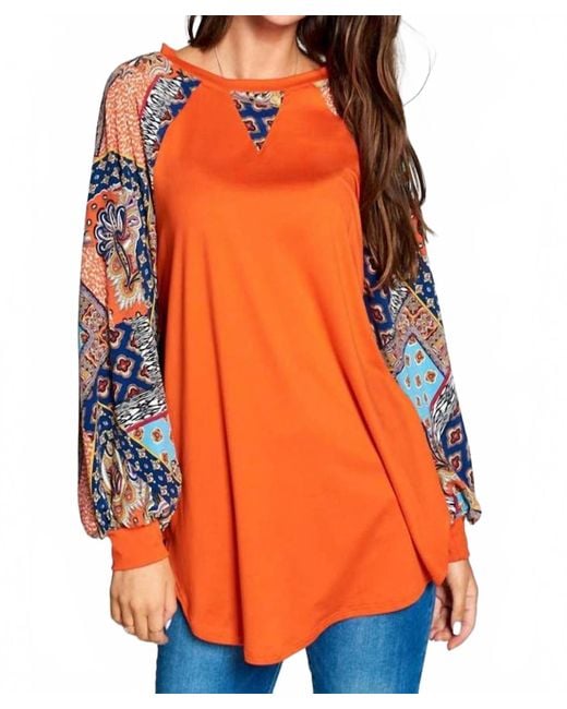 Emerald Collection Orange Patchwork Balloon Sleeve Raglan Top