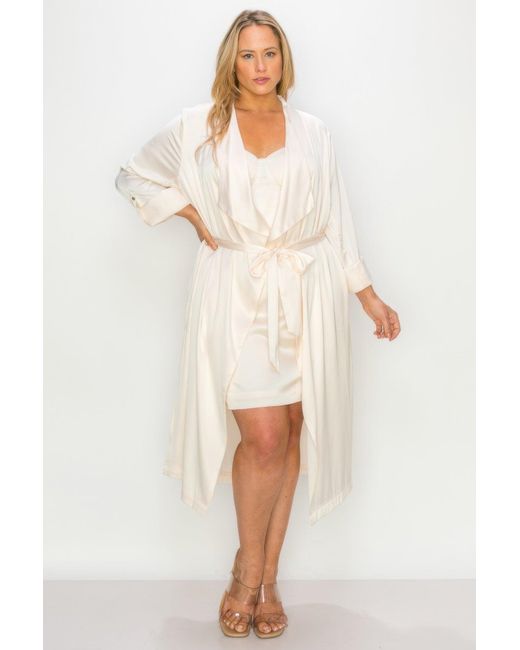 TRUEDAMES Natural Satin Strap Dress With Self Belt Coat Set