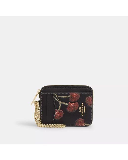 COACH Black Zip Card Case With Cherry Print