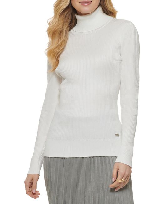DKNY White Ribbed Turtle Neck Pullover Sweater