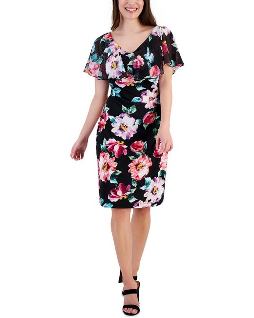 Connected Apparel Red Floral Print Knee Sheath Dress