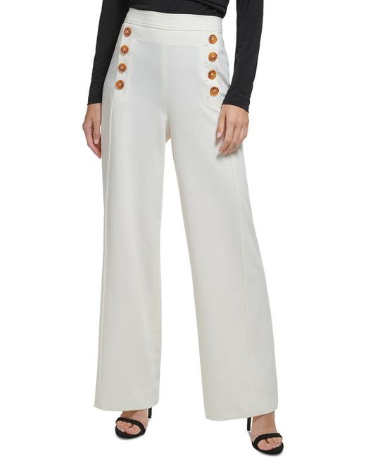 DKNY White Embellished Solid Wide Leg Pants