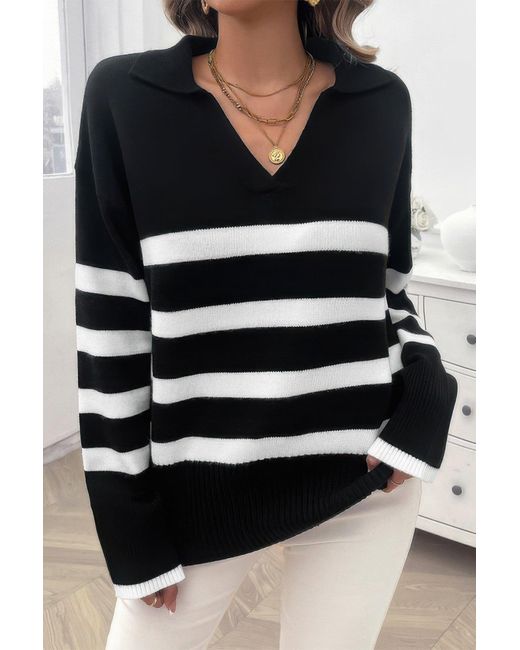 TRUEDAMES Black V Neck Drop Shoulder Strip Knit Loose Sweater