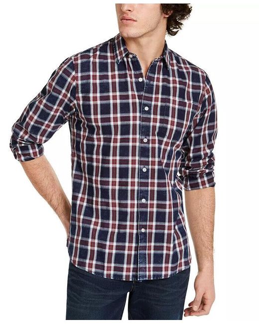 Sun & Stone Blue Dio Shirts Cotton Plaid Long Sleeve Casual Button Up Klss48 for men