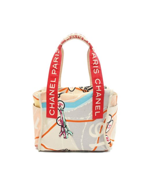 Chanel Red Cruise Line Paris Map Handbag Tote Bag Canvas Leather Light Color