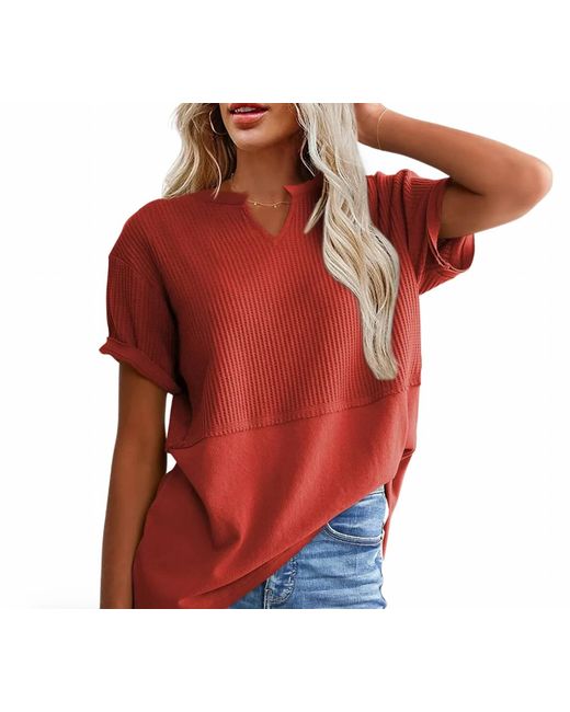 Shewin Red V Neck Split Top