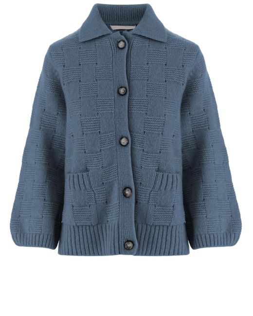 Allude Blue Light Checkered Knit Button-Down Sweater
