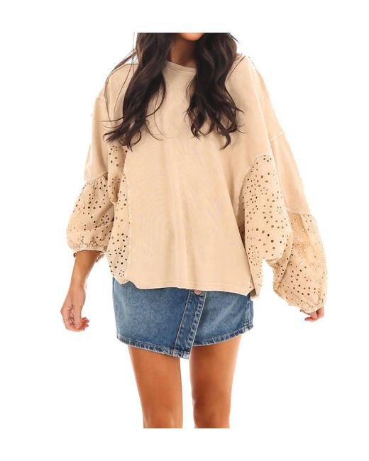 Easel Blue Balloon Sleeve Eyelet Top